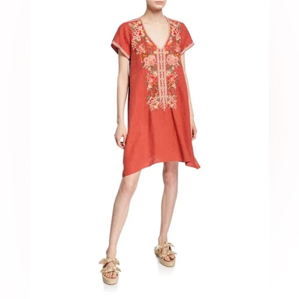 Johnny Was Coral Embroidered V-Neck Shift Dress